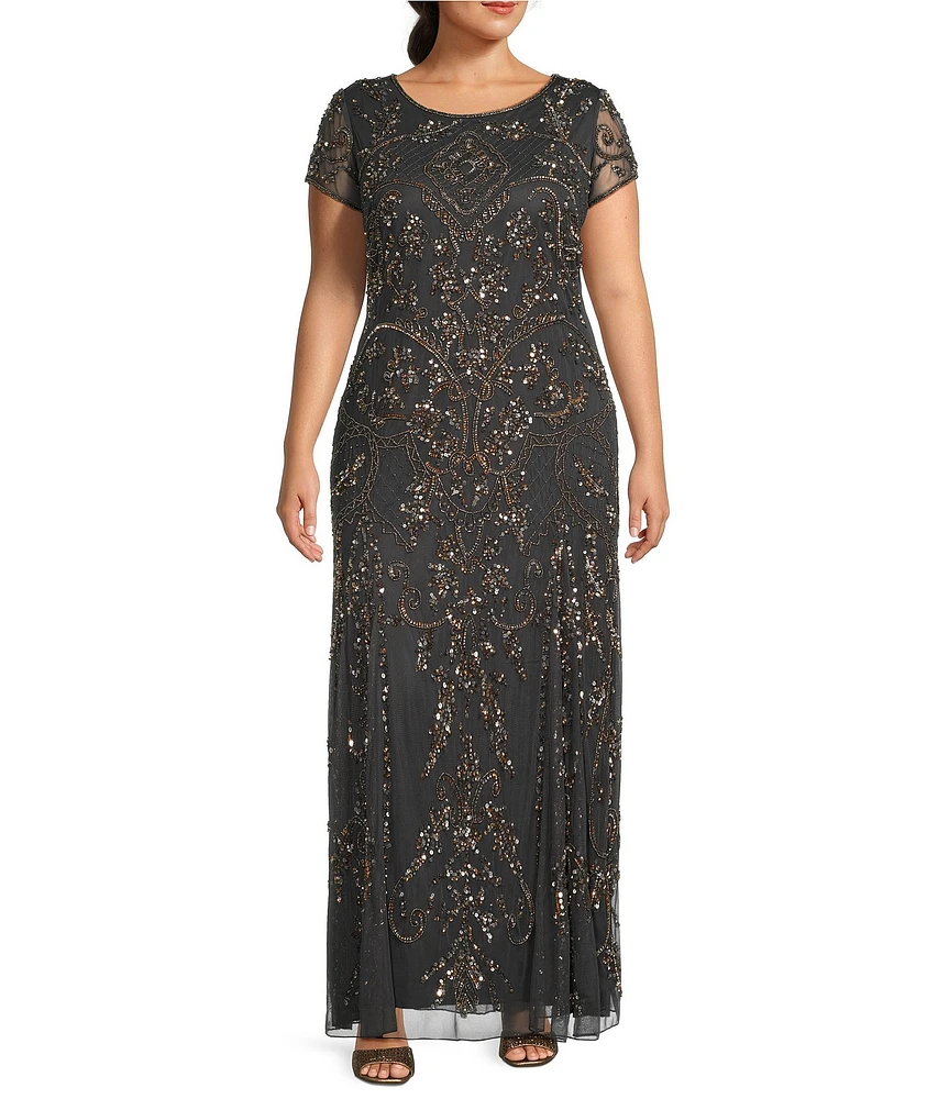 Pisarro Nights Plus Size Boat Neck Short Sleeve Beaded Gown