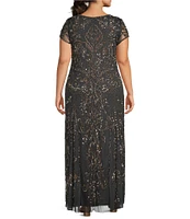 Pisarro Nights Plus Size Boat Neck Short Sleeve Beaded Gown