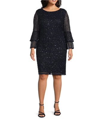 Pisarro Nights Plus Size Long Bell Sleeve Crew Neck Beaded Dress