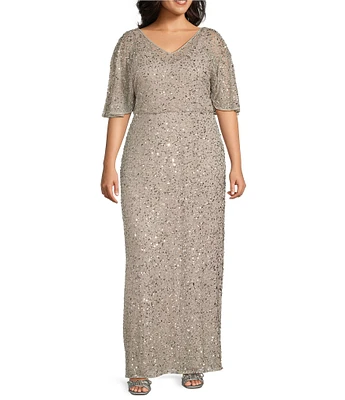 Pisarro Nights Plus Size Short Caplet Sleeve V-Neck Long Beaded Dress