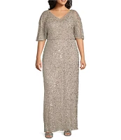 Pisarro Nights Plus Size Short Caplet Sleeve V-Neck Long Beaded Dress