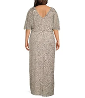 Pisarro Nights Plus Size Short Caplet Sleeve V-Neck Long Beaded Dress