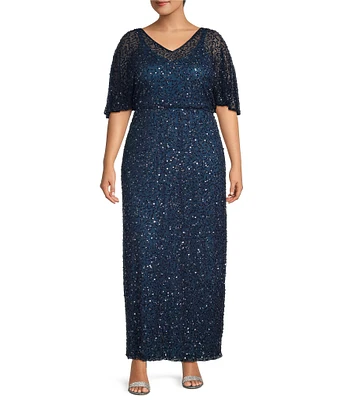 Pisarro Nights Plus Size Short Caplet Sleeve V-Neck Long Beaded Dress