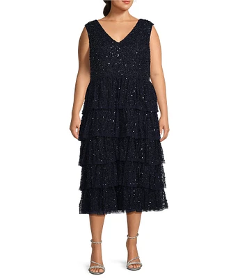 Pisarro Nights Plus Size Sleeveless V-Neck Tiered Mesh Midi Dress