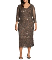 Pisarro Nights Plus Size V-Neck 3/4 Sleeve Beaded Back Slit Sheath Midi Dress