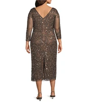 Pisarro Nights Plus Size V-Neck 3/4 Sleeve Beaded Back Slit Sheath Midi Dress