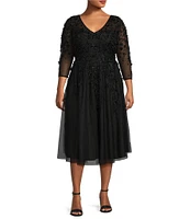 Pisarro Nights Plus Size V-Neck 3/4 Sleeve Beaded Mesh Floral Embroidered Midi Dress