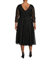 Pisarro Nights Plus Size V-Neck 3/4 Sleeve Beaded Mesh Floral Embroidered Midi Dress