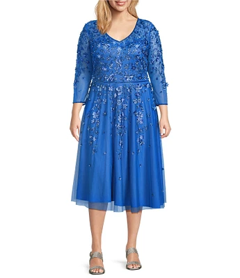 Pisarro Nights Plus Size V-Neck 3/4 Sleeve Beaded Mesh Floral Embroidered Midi Dress