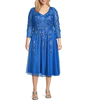 Pisarro Nights Plus Size V-Neck 3/4 Sleeve Beaded Mesh Floral Embroidered Midi Dress