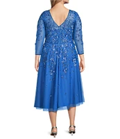 Pisarro Nights Plus Size V-Neck 3/4 Sleeve Beaded Mesh Floral Embroidered Midi Dress
