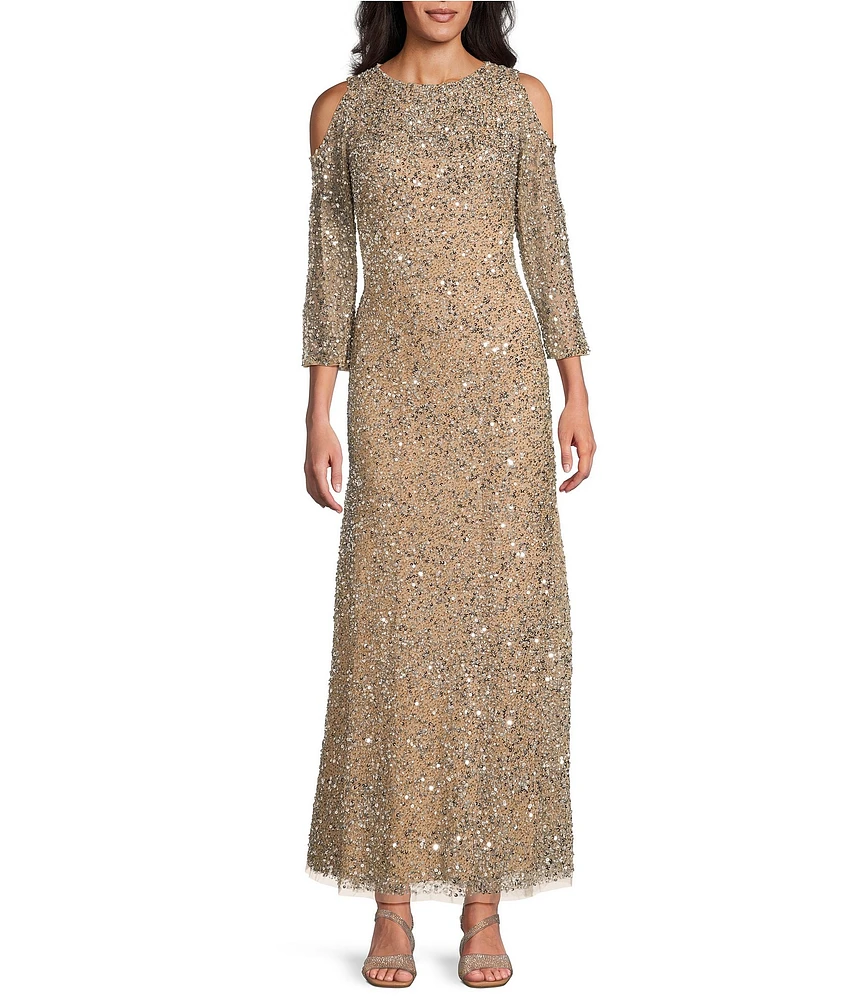 Pisarro Nights Sequin Mesh Crew Neck 3/4 Sleeves Cold Shoulder A-Line Dress