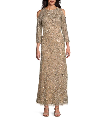 Pisarro Nights Sequin Mesh Crew Neck 3/4 Sleeves Cold Shoulder A-Line Dress