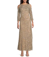 Pisarro Nights Sequin Mesh Crew Neck 3/4 Sleeves Cold Shoulder A-Line Dress