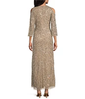 Pisarro Nights Sequin Mesh Crew Neck 3/4 Sleeves Cold Shoulder A-Line Dress