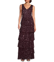 Pisarro Nights Sequin Mesh V-Neck Sleeveless Tiered Dress