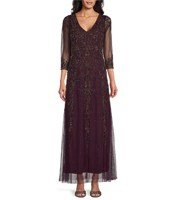 Pisarro Nights V-Neck 3/4 Sleeve Long Beaded Mesh Gown