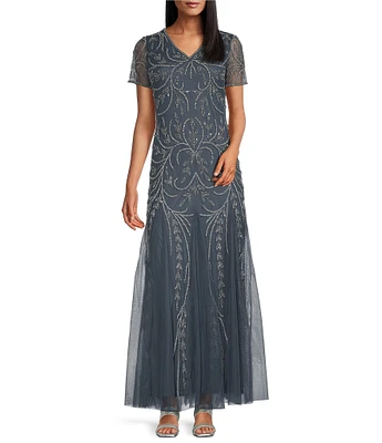 Pisarro Nights V-Neck Short Sleeve Godet Skirt Beaded Column Gown