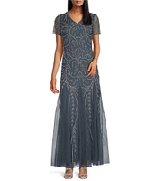 Pisarro Nights V-Neck Short Sleeve Godet Skirt Beaded Column Gown