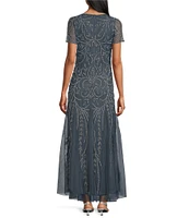 Pisarro Nights V-Neck Short Sleeve Godet Skirt Beaded Column Gown