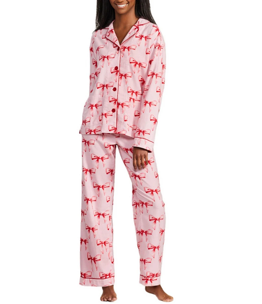 PJ Salvage Bow Print #double;Hello Beautiful#double; Embroidered Long Sleeve Notch Collar Flannel Pajama & Headband Holiday Set