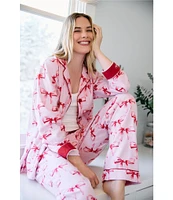 PJ Salvage Bow Print #double;Hello Beautiful#double; Embroidered Long Sleeve Notch Collar Flannel Pajama & Headband Holiday Set