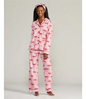 PJ Salvage Bow Print #double;Hello Beautiful#double; Embroidered Long Sleeve Notch Collar Flannel Pajama & Headband Holiday Set