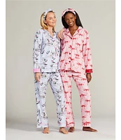 PJ Salvage Bow Print #double;Hello Beautiful#double; Embroidered Long Sleeve Notch Collar Flannel Pajama & Headband Holiday Set