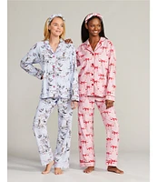 PJ Salvage Bow Print #double;Hello Beautiful#double; Embroidered Long Sleeve Notch Collar Flannel Pajama & Headband Holiday Set