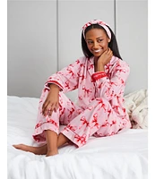 PJ Salvage Bow Print #double;Hello Beautiful#double; Embroidered Long Sleeve Notch Collar Flannel Pajama & Headband Holiday Set