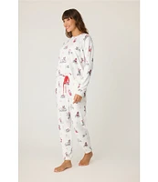 PJ Salvage Candy Cane Lane Long Sleeve Crew Neck Holiday Dogs Print Jersey Knit Holiday Pajama Set