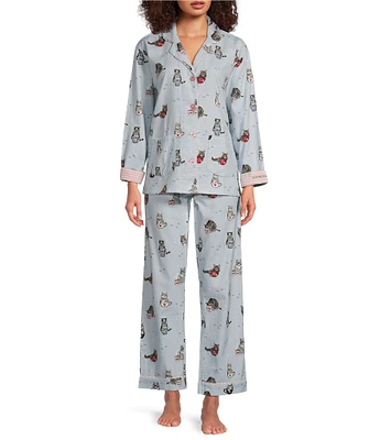 PJ Salvage Cat Print #double;Coffee & Cat Naps#double; Embroidered Long Sleeve Notch Collar Flannel Pajama & Headband Holiday Set