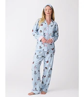 PJ Salvage Cat Print #double;Coffee & Cat Naps#double; Embroidered Long Sleeve Notch Collar Flannel Pajama & Headband Holiday Set