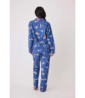 PJ Salvage Dog Print #double;Paws & Enjoy Life#double; Embroidered Long Sleeve Notch Collar Flannel Pajama & Headband Holiday Set