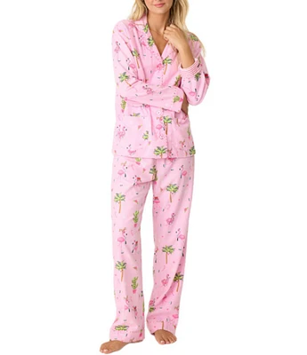 PJ Salvage Flamingo Print #double;Let's Jingle & Flamingle#double; Embroidered Long Sleeve Notch Collar Flannel Pajama & Headband Holiday Set