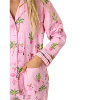 PJ Salvage Flamingo Print #double;Let's Jingle & Flamingle#double; Embroidered Long Sleeve Notch Collar Flannel Pajama & Headband Holiday Set