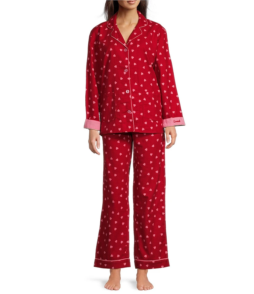 PJ Salvage Heart Print #double;Loved#double; Embroidered Long Sleeve Notch Collar Flannel Pajama & Headband Holiday Set