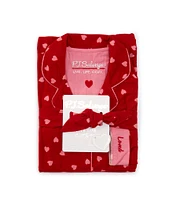 PJ Salvage Heart Print #double;Loved#double; Embroidered Long Sleeve Notch Collar Flannel Pajama & Headband Holiday Set