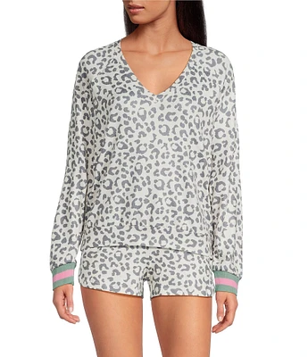 PJ Salvage Leopard Print Long Sleeve V-Neck Peachy Knit Coordinating Sleep Top