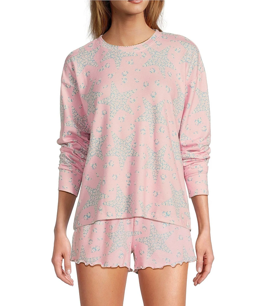 PJ Salvage Long Sleeve Crew Neck Peachy Jersey Knit Star Print Coordinating Sleep Top