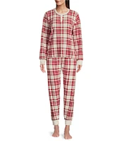 PJ Salvage Long Sleeve Henley Thermal Velour Plaid Coordinating Sleep Top