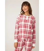 PJ Salvage Long Sleeve Henley Thermal Velour Plaid Coordinating Sleep Top