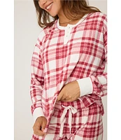 PJ Salvage Long Sleeve Henley Thermal Velour Plaid Coordinating Sleep Top