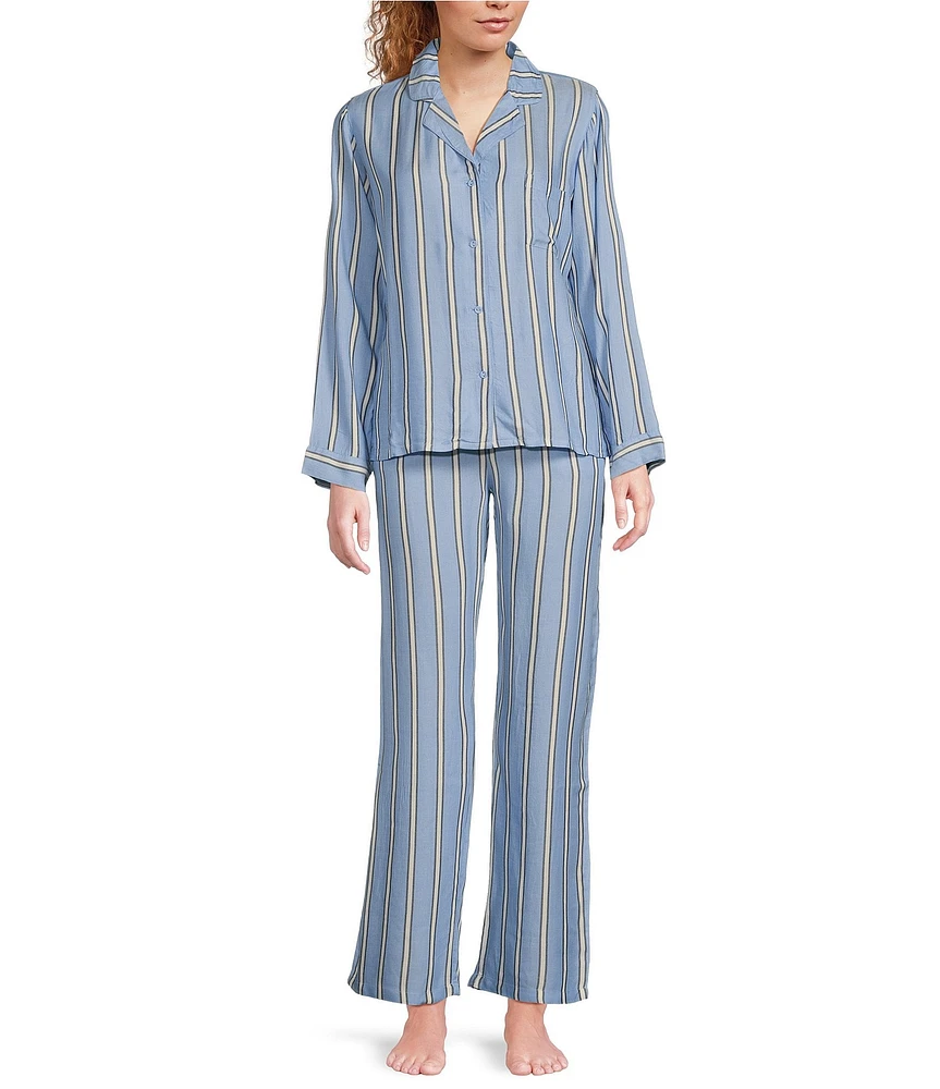 PJ Salvage Long Sleeve Notch Collar Woven Striped Sateen Pajama Set