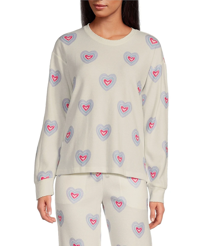 PJ Salvage Long Sleeve Round Neck Cozy Pointelle Heart Print Coordinating Sleep Top