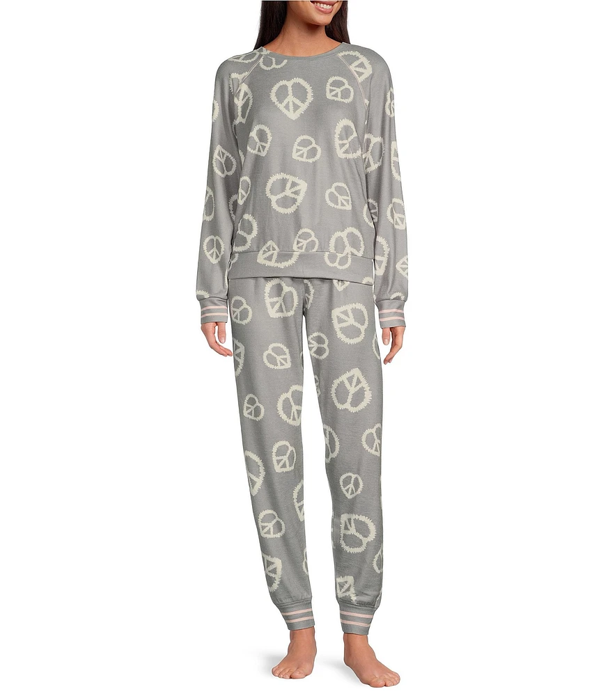 Pj Salvage Long Sleeve Round Neck Heart Peace Sign Peachy Knit Pajama Set