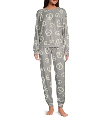 Pj Salvage Long Sleeve Round Neck Heart Peace Sign Peachy Knit Pajama Set