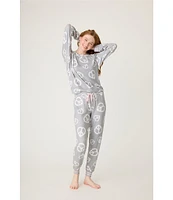 Pj Salvage Long Sleeve Round Neck Heart Peace Sign Peachy Knit Pajama Set