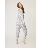 Pj Salvage Long Sleeve Round Neck Heart Peace Sign Peachy Knit Pajama Set