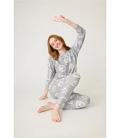 Pj Salvage Long Sleeve Round Neck Heart Peace Sign Peachy Knit Pajama Set